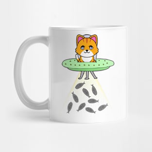 Funny orange Cat is flying a spaceship Mug